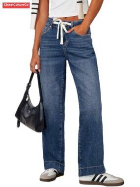 High Waisted Straight Leg Jeans Drawstring Denim Pants